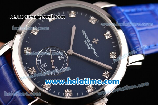 Vacheron Constantin Malte Miyota Quartz Stainless Steel Case with Blue Leather Strap Blue Dial and Diamond Markers - Click Image to Close